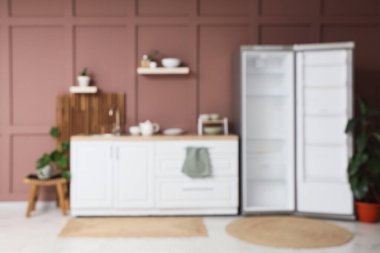 Dolapları, tezgahları ve rafları boş olan şık mutfağın bulanık görüntüsü