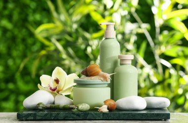 Spa aksesuarları, kozmetik ürünleri ve açık havada dev Achatina salyangozları olan kompozisyon.