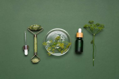 Petri kabı, yüz masajı aracı ve yeşil arka planda bir şişe dereotlu kozmetik ürünü ile kompozisyon