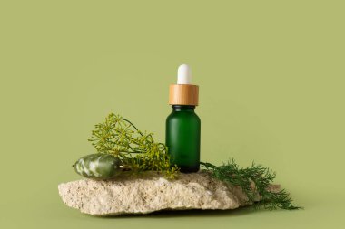 Taş, yüz masajı aracı ve yeşil arka planda dereotu kozmetik ürünü şişesi, yakın plan.