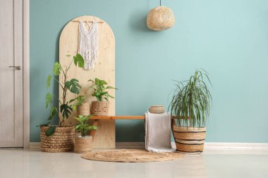 Katlanan ekran, bank ve hasır kaplar. Oturma odasının içinde bitkiler var.