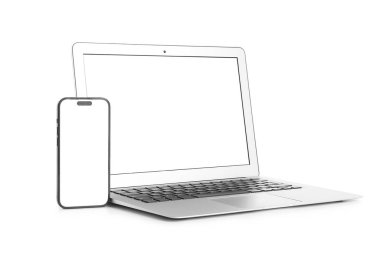Beyaz arkaplanda modern laptop ve cep telefonu