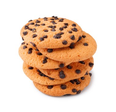 Beyaz arka planda çikolata parçacıkları ile lezzetli kurabiye yığını