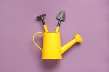 Mor arka planda bahçe tırmığı ve kürekle teneke sulama.