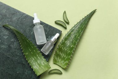 Yeşil arka planda gerekli yağ ve taş tepsileri olan taze aloe yaprakları.