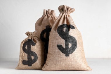 Beyaz grunge arka planında para dolu çantalar