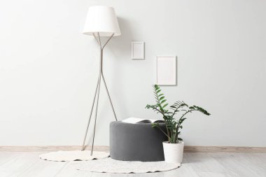 Oturma odasındaki beyaz duvarın yanında, çiçekli, zemin lambalı yumuşak gri pouf.