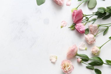 Composition with beautiful eustoma flowers on white grunge background