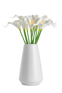 Vase with artificial lily flowers on white background