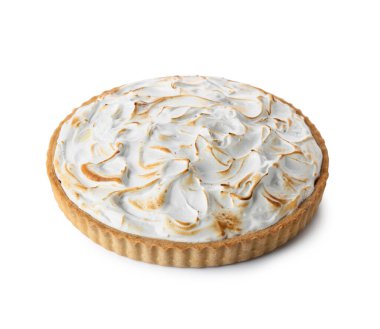 Tasty lemon pie isolated on white background, closeup