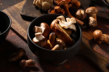 Kırmızı grunge arka planda farklı taze mantarlı kase