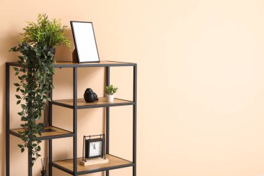 Bej duvarın yanında yapay bitki ve dekor bulunan raf ünitesi.