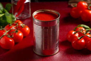 Kırmızı arka planda konserve domates ezmesi ve sebzeler, yakın plan.