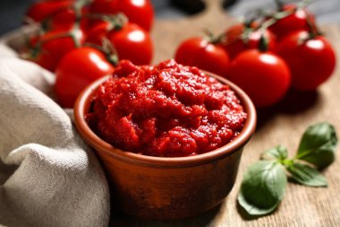 Tahta tahtada fesleğen yapraklı ve sebzeli bir kase lezzetli domates ezmesi, yakın plan.