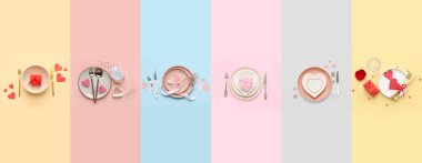 Different table settings for Valentine's Day on color background, top view