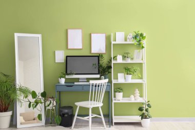 İş yeri, ayna ve yeşil bitkilerle birlikte ofis içi