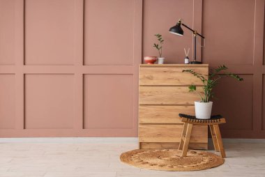 İçinde lamba olan çekmeceler ve kahverengi duvarın yanındaki bitkiler.