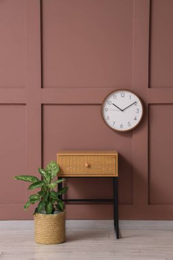 Odasındaki kahverengi duvarda ev bitkisi ve saat asılı ahşap komodin.