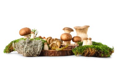 Yeşil yosun, kurumuş yapraklar, ahşap tezgah ve beyaz arka planda izole edilmiş taze mantarlar, yakın plan.