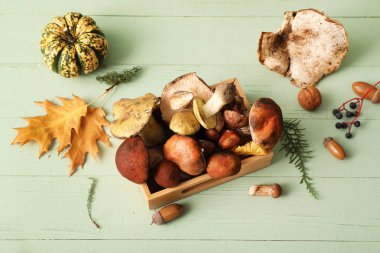 Taze mantarlı ahşap kutu ve yeşil ahşap arka planda sonbahar yaprakları