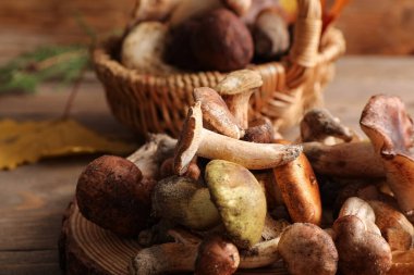 Tahta masada taze mantarlarla dikil, yakın plan.