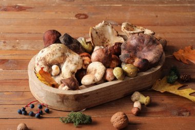 Ahşap arka planda taze mantarlı tepsi, yakın plan.