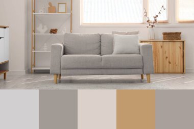 Oturma odasının içinde kanepe var. Farklı renk desenleri