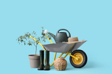 Mavi arka planda bitki, bahçe aletleri ve el arabası