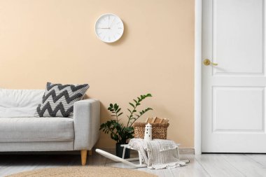 Oturma odasında kanepe, kızak ve bitki var.