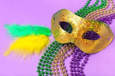 Karnaval maskeli renkli boncuklar ve Mardi Gras kutlamaları için mor arka planda tüyler