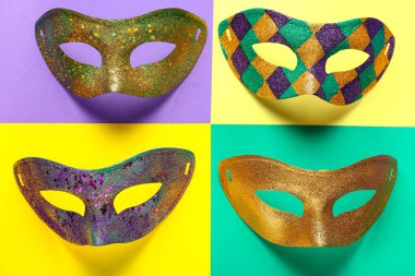 Mardi Gras kutlamaları için renkli arka planda parlak karnaval maskeleri