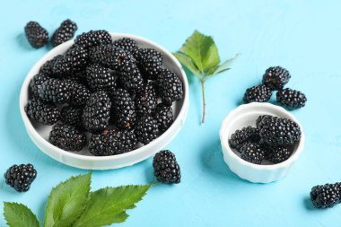 Mavi arka planda olgun böğürtlenli kaseler, yakın plan