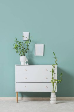 Nane duvarına yakın yeşil dalları olan çekmeceleri ve vazoları olan modern oturma odasının içinde.