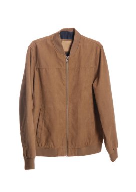 Kahverengi bombacı ceketli askı beyaz arka planda izole edildi