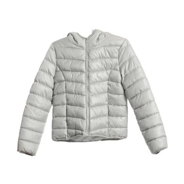 Kısa gri kabarık ceketli askı beyaz arka planda izole edildi