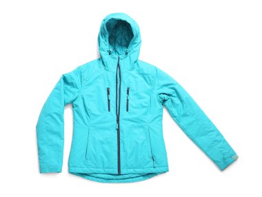 Beyaz arka planda izole edilmiş şık mavi kışlık ceket.