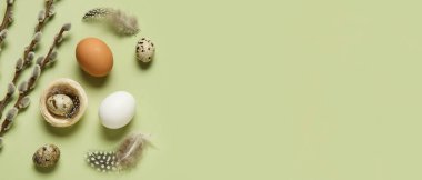 Easter eggs, feathers and pussy willow branches on green background with space for text