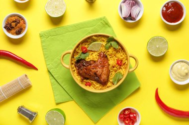 Sarı arka planda malzemeli geleneksel tavuk biryani kasesi.