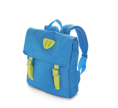 Beyaz arkaplanda mavi okul çantası