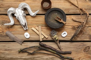 Ahşap arka planda koyun kafatası ve otlu şaman aksesuarları.