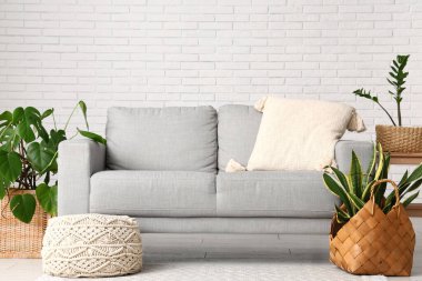 Oturma odasının içinde kanepe ve sepetlerde bitkiler var.