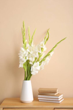 Beyaz gladiolus çiçekli vazo ve oturma odasındaki çekmeceler üzerine kitaplar, yakın plan.