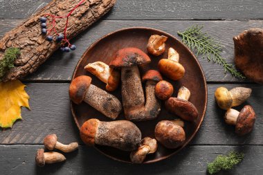 Taze mantarlı tabak ve siyah ahşap arka planda ağaç kabuğu, yakın plan.