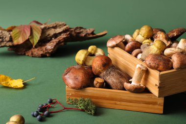 Wooden boxes with fresh mushrooms on green background, closeup