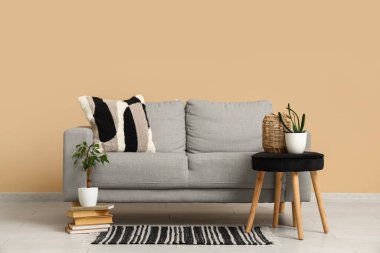 Rahat kanepesi, taburesi ve çiçekleri olan bir oturma odası.