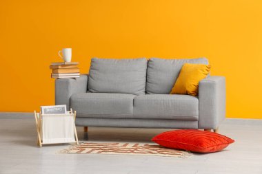 Rahat kanepe, yastık ve dergi tutacağı olan oturma odasının içinde.