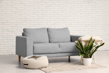 Gri rahat kanepe, puf ve çiçekli oturma odasının içinde.