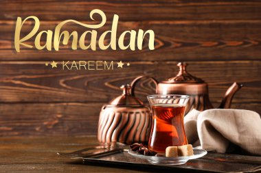 Festive banner for Ramadan with glass of Turkish tea