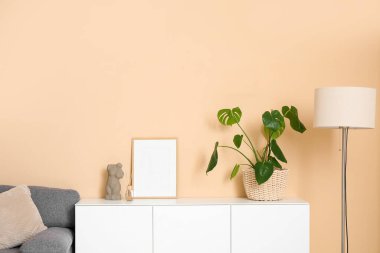 Oturma odasındaki şık kanepenin yanında çiçek ve çerçeve bulunan beyaz çekmeceler.