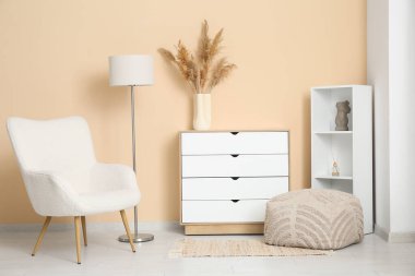 Oturma odasındaki rafların yanında beyaz çekmeceler ve şık koltuklar.